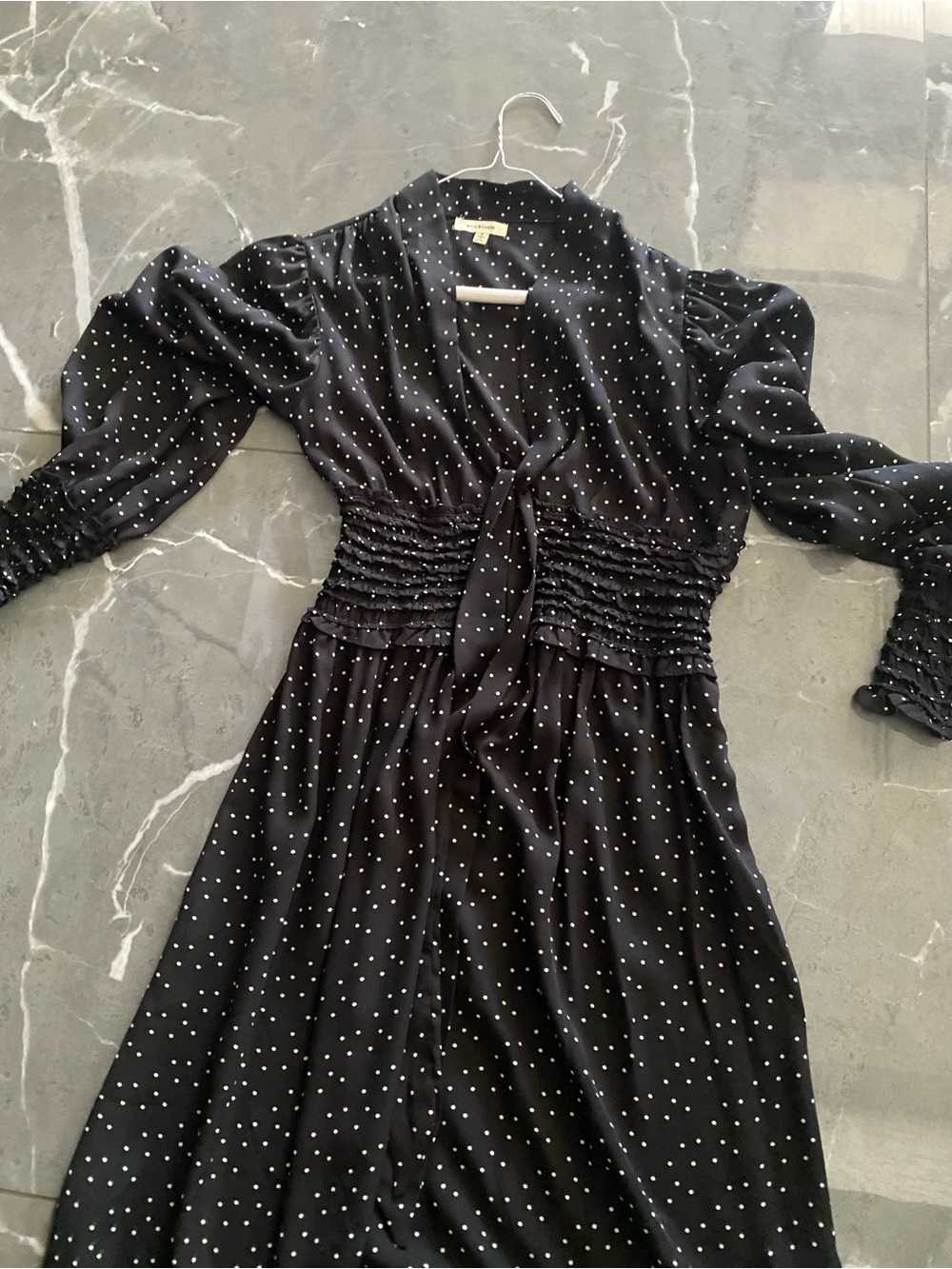 Max Studio Black Polka Dot Long-Sleeve Shirred Tie-Waist Midi Dress